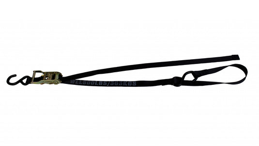 A black ratchet motorcycle tie-down strap with a 'SOFT LOOP' feature on the long end, designed to protect chrome and paint finishes.