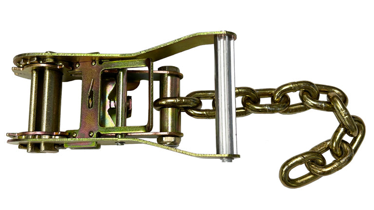 Load image into Gallery viewer, This 2-inch ratchet buckle with a bolted chain link is a rugged, high-performance tensioning device built for heavy-duty cargo securement. Designed to work with 2" wide webbing straps, the ratchet mechanism delivers consistent, reliable tension for securing loads during transport.
