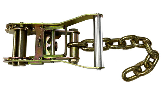 This 2-inch ratchet buckle with a bolted chain link is a rugged, high-performance tensioning device built for heavy-duty cargo securement. Designed to work with 2" wide webbing straps, the ratchet mechanism delivers consistent, reliable tension for securing loads during transport.