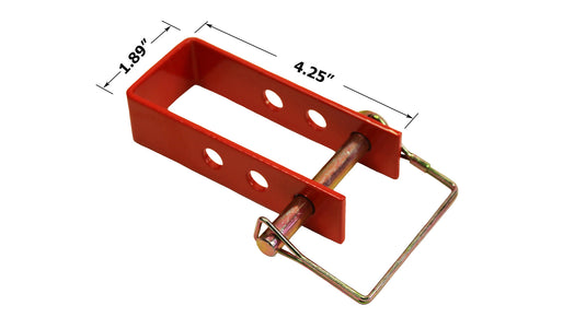 A red metal binder lock-pin lock with dimensions labeled '1.25' inches by '4.25' inches.