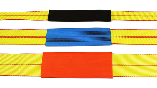 A set of tubular Cordura polyester protector sleeves in black, blue, red, and yellow, designed to extend strap life and protect cargo.