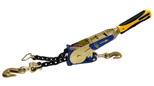 A ratchet chain binder with blue, black, and yellow colors, designed for securing heavy loads with a working load limit of 5,400 lbs and an adjustable range of 12 inches.