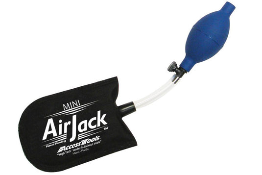 ACCESS TOOLS MINI AIR JACK, a mini black air bag with a blue pump to pry open car doors.