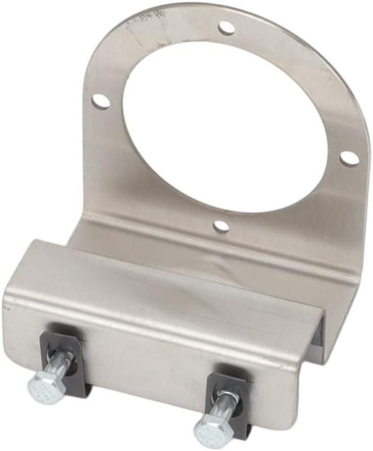 A stainless steel mounting bracket with a circular opening for watermelon light and two adjustable mounting bolts